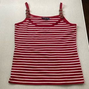 Jones New York, Ladies, Medium, Red and White, Striped Shirt, Wood Buttons.